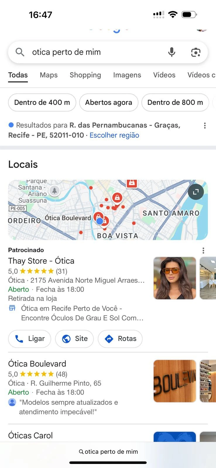 Resultado de busca no Google para ótica perto de mim - depois