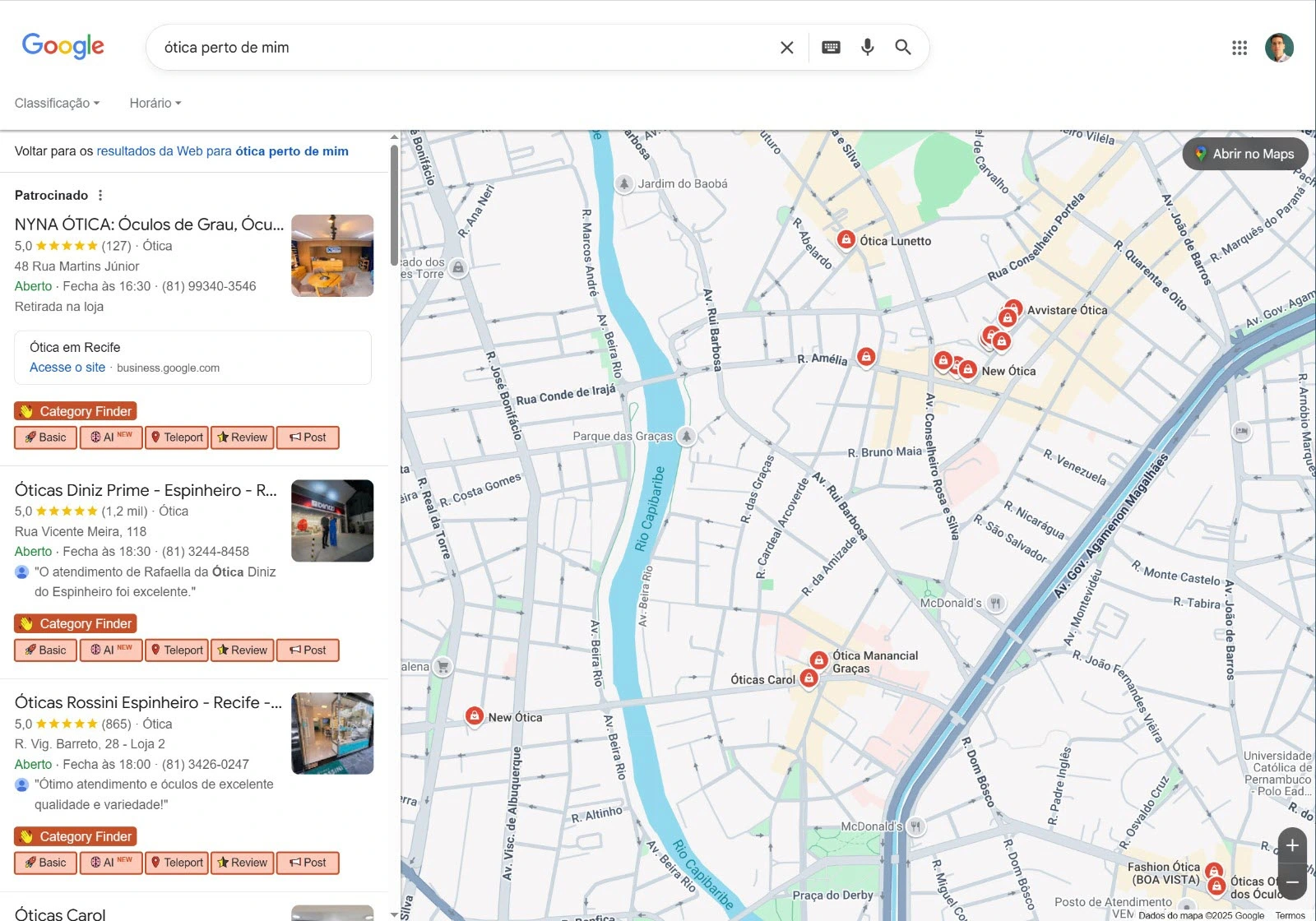 Resultado de busca no Google Maps para ótica perto de mim - antes