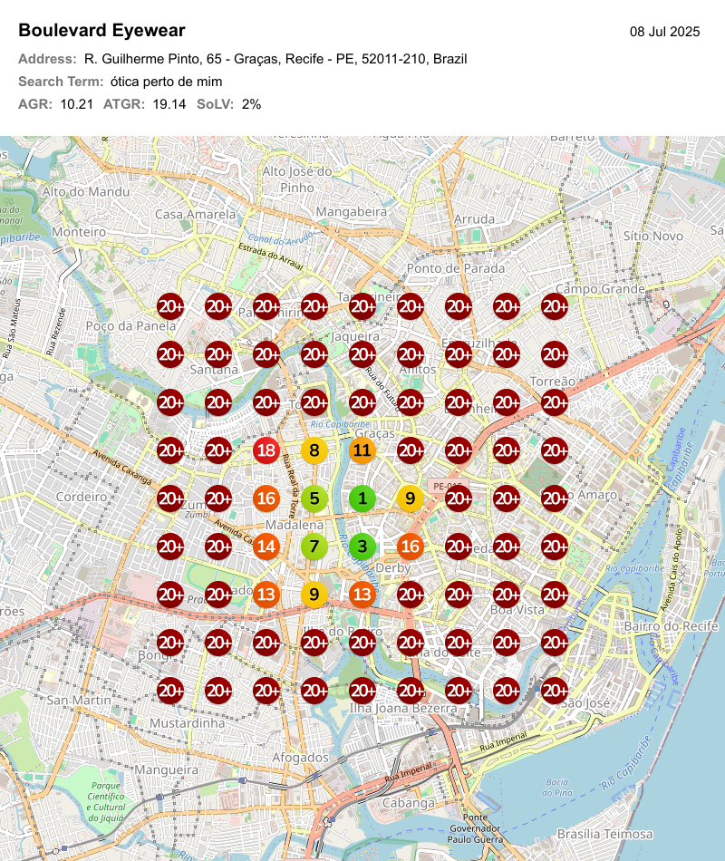 Geogrid mostrando o posicionamento do perfil da empresa no Google para ótica perto de mim - depois