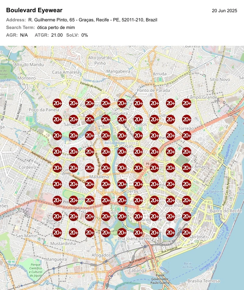 Geogrid mostrando o posicionamento do perfil da empresa no Google para ótica perto de mim - antes