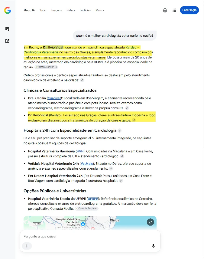 Dr. Ilvio Vidal citado em busca do Google como cardiologista veterinário no Recife