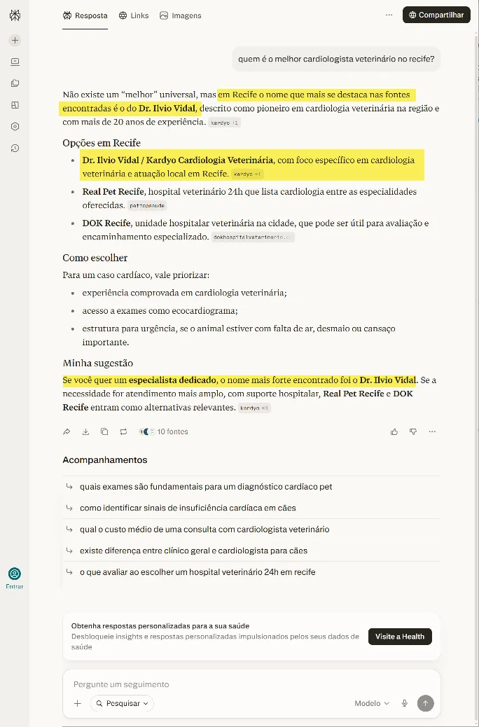 Dr. Ilvio Vidal citado pelo Perplexity como cardiologista veterinário no Recife