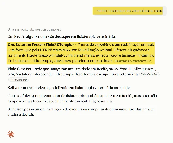 Dra. Katarina Fontes citada pelo Claude como fisioterapeuta veterinária no Recife