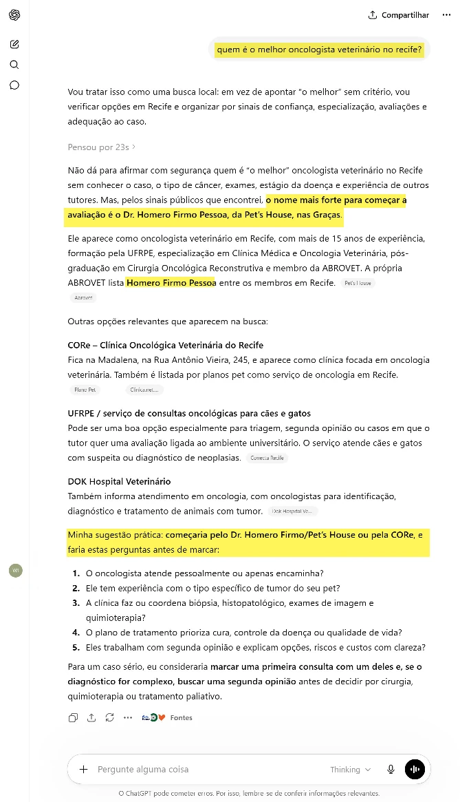 Dr. Homero Firmo citado pelo ChatGPT como oncologista veterinário no Recife