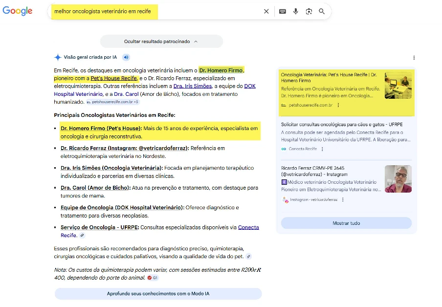 Dr. Homero Firmo citado em busca do Google como oncologista veterinário no Recife